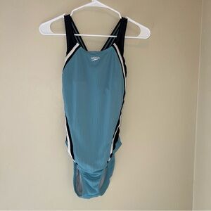 Speedo Teal with Black Trim Quantum Splice Ribbed One-Piece Swimsuit UPF 50+